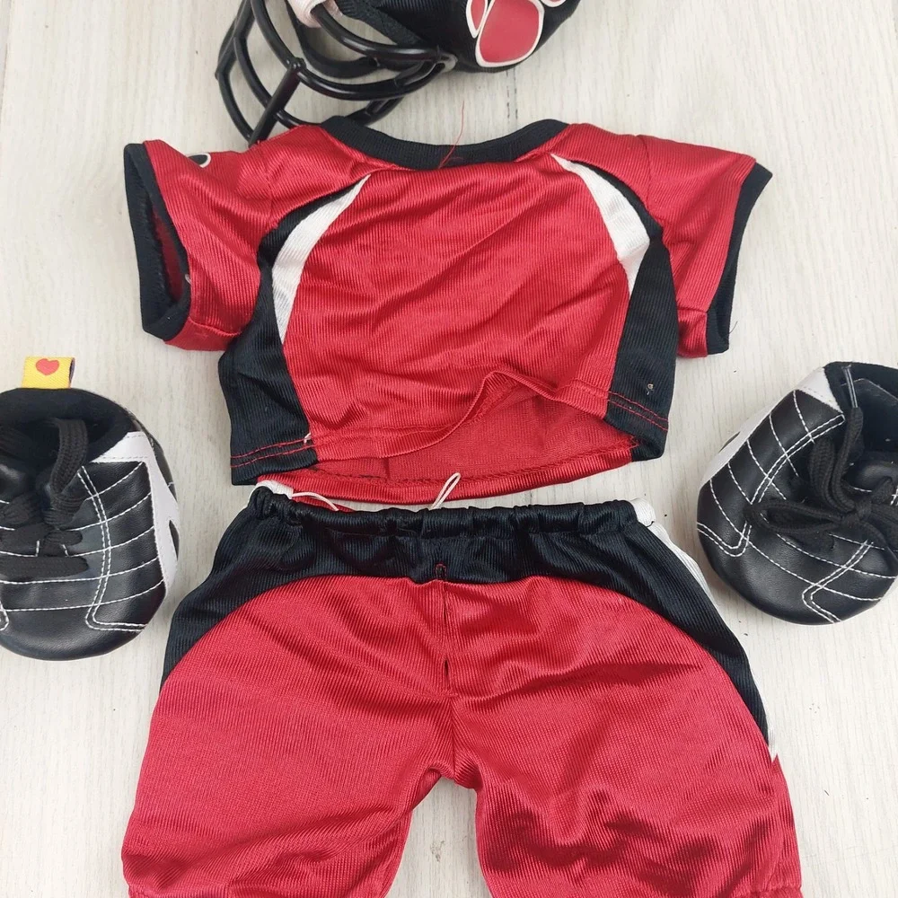 Build-A-Bear Football Uniform Set Unisex OS Red Black Jersey Helmet Cleats 4pc